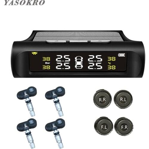 YASOKRO Solar TPMS Car Tire Pressure Alarm Monitor System Solar Charging LCD Display 4 External Sensor Temperature Sensor