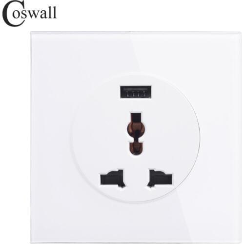 Coswall Crystal Glass Panel 13A Wall Outlet Universal 3 Hole UK EU Power Socket With USB Fast Charging Port DC 5V 2A R11 Series
