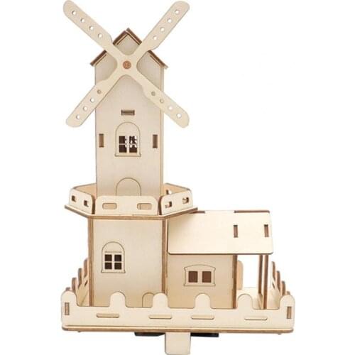 Three-dimensional Wooden Dutch Windmills Lighting Effect Easy-assembled 3D Creativity Thinking Windmill Handcraft Toy DIY Puzzle