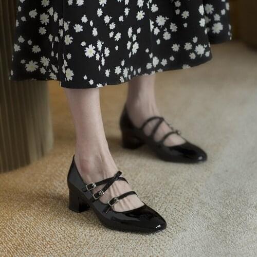 2021 New Mary Janes Red Women Shoes Fashion Genuine Leather Thick High Heels Pumps Summer Autumn Wedding Party Shoes Woman