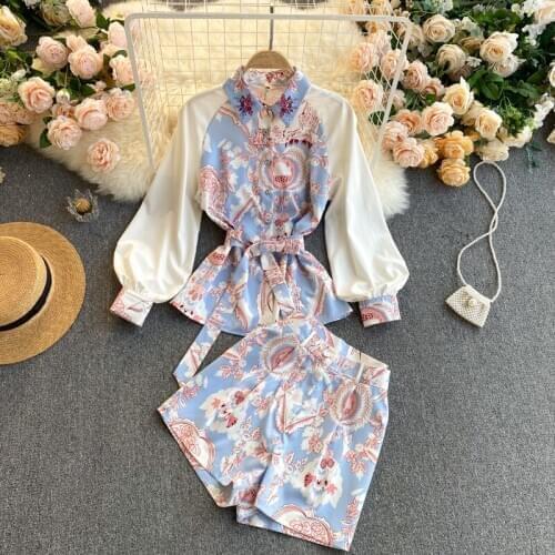 European and American retro palace style print lapel tie top high waist slim slimming wide leg shorts suit women