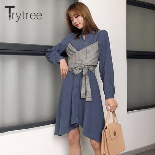 Trytree 2021 Spring Autumn Womens Dress Casual Plaid Vest Patchwork A-line Fashion Office Lady Single Breasted Shirt Dress