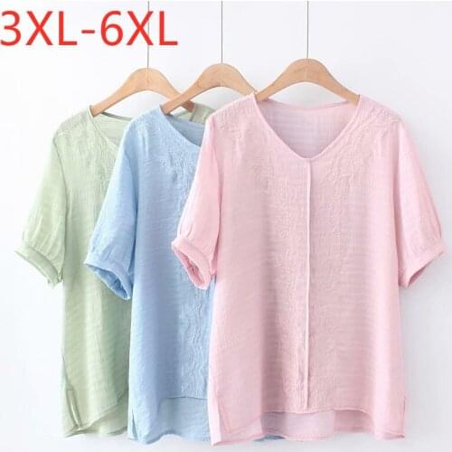 New 2021 Ladies Summer Plus Size Tops For Women Large Blouse Short Sleeve Loose Pink Embroidery V-neck Shirt 3XL 4XL 5XL 6XL