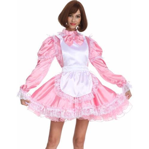 Sissy Girl Maid High Collar Cute Bow Satin Lockable Pink Dress Crossdress Cosplay Costume