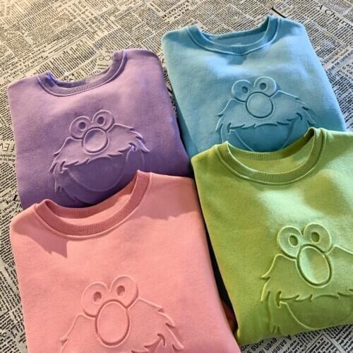 Winter Thickened Women Clothing Female Autumn Warm Cartoon Embossed Crew Neck Pullovers Tops Lady Baggy Casual Sweatershirt