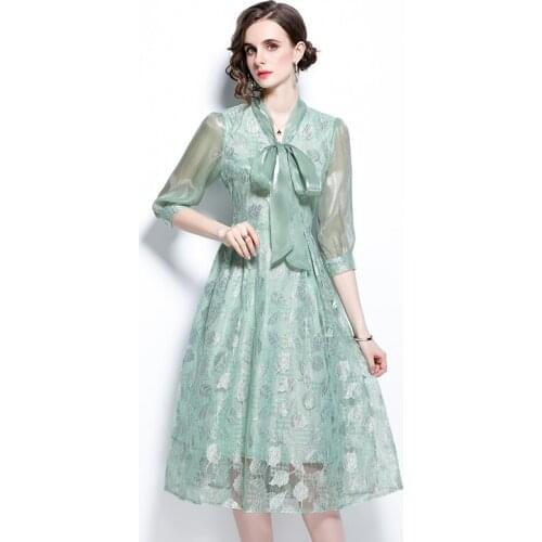 Women Summer Designer Elegant Stand Collar Lace-Up Bow Sexy Slim Casual Cocktail Party Robe Female Vintage Lace Dress Vestidos