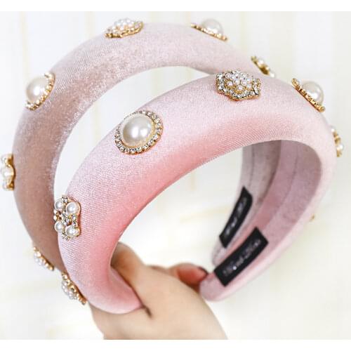 Velvet Pearl Rhinestone Padded Headbands for Hair Women Solid Color Sponge Crystal Hairband Women Hair Accessories Hair Band