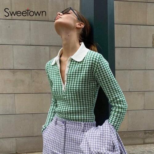Sweetown Houndstooth Plaid Turn Neck Knitted Long Sleeve Bodysuits Autumn Winter 2021 Button Up Vintage Elegant Bodys Mujer Tops