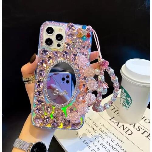 Bling Diamond Bead Chain Mirror Strap Phone Case For samsung S7 edge S10 S9 S8 S20 FE S21 Plus Ultra Note 10 9 20 Lite E Pro