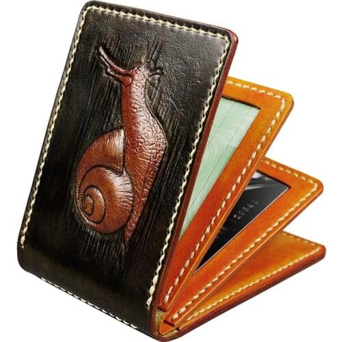 Handmade Women Men Clutch Vegetable Tanned Leather Driver License Holder Carving Snail Pass Certificate Folder Wallet