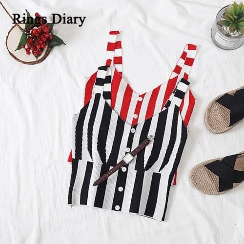 Rings Diary Women Knitted Crop Tops Summer Stripe Buttons Front V Neck Elegant Skinny Tops Strappy Going Out Cool Tops For Girl