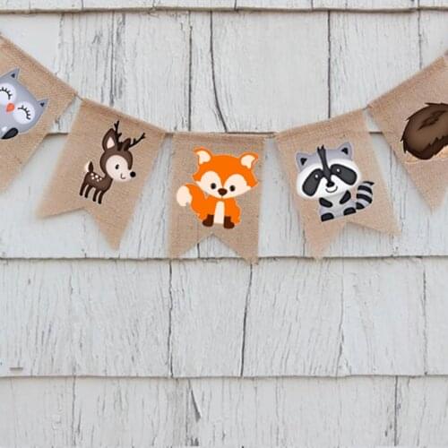 Fox Raccoon Woodland Forest Jungle Animal rustic theme Baby Shower Gender reveal wild birthday decoration favor Burlap Banner