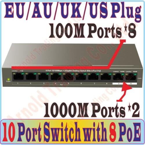 Max 102W, 10 port 8 poe switch, IEEE802.3af at PoE suit for all kind of camera or AP, Plug&Play, 1000Mbps port *2, 100M port *8