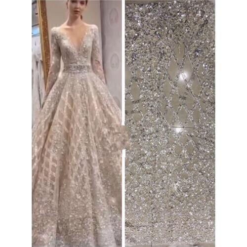 Fashion african net lace fabric with heavy beads hot sale SYJ-566838 embroidered lace fabric for bridal dress