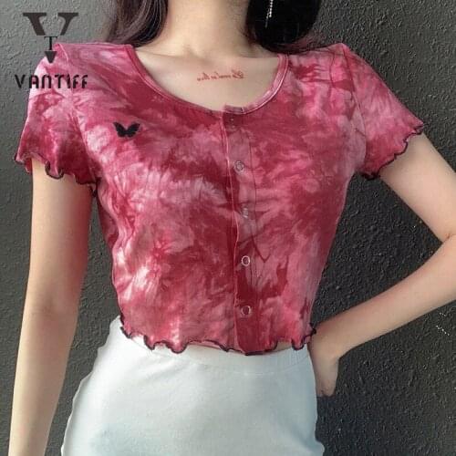 Fashion Bodycon Women Tops 2020 Summer New Short Sleeve T-shirt Women Tie Dye Butterfly Embroidery Button Y2k Female Top