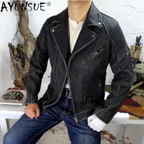 AYUNSUE Motorcycle Leather Jacket Men Spring 2021 New 100% Real Cowhide Coat Vintage Biker Mens Leather Jackets De Cuero Genuino