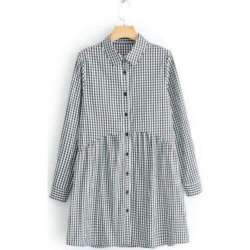 2019 new women vintage plaid printing shirtdress casual slim dress female pleats patchwork vestidos chic business dresses DS1962