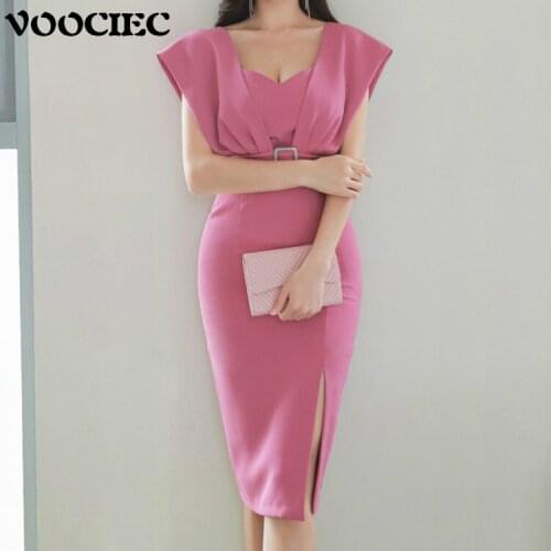VOOCIEC Autumn and winter dress Korean fashion supporter dress party of aristocratic celebrity Split office lady dress