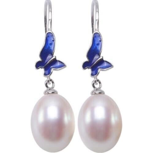 Oval Pearl Silver 925 Jewelry Drop Earrings Jewelry Earrings Freshwater Pearl Blue Butterfly Earing(9.5*11.5mm White Pearl)
