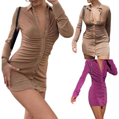 Female Shirt Dress Summer Solid Color Turn-Down Collar Long Sleeve Package Hip Dresses for Ladies