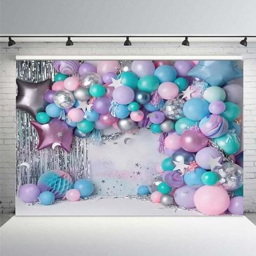 Rainbow Balloons Wall Cake Smash Backdrop Photocall Newborn Children Birthday Portrait Background Silver Stars Photography Props