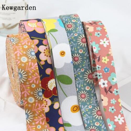 Kewgarden Print Flower Layering Cloth Fabric Ribbon 25mm 10mm 1" DIY Hair Bow Tie Brooch Accessories Handmade Tape 10 Meters