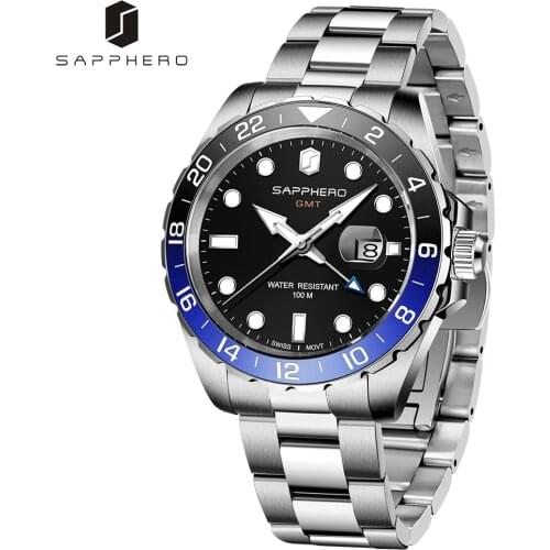 SAPPHERO Mens GMT Watch 100M Waterproof Stainless Steel Swiss Quartz Movement Wristwatch New Luxury Business Clock Reloj Hombre