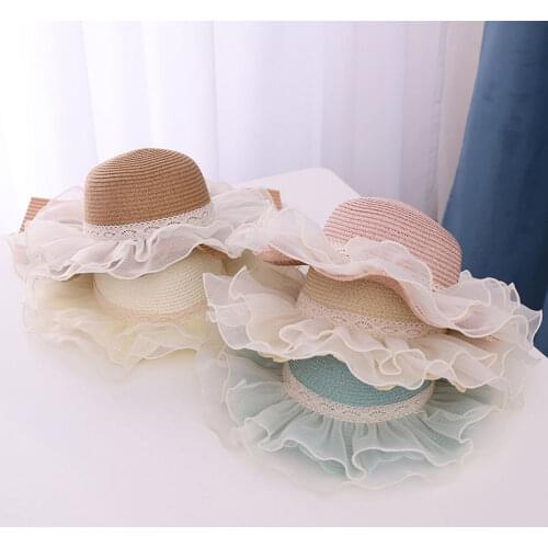 MATTYDOLIE Lace Straw Hat Woman 2021 New Summer Hat Wave Edge Large-Brimmed Sun Block Parent-Child Hat Outdoor Beach Cap
