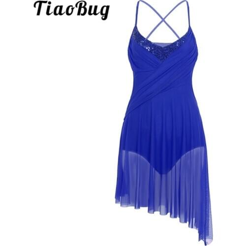 TiaoBug New Shiny Sequins Spaghetti Straps Adult Ballet Gymnastics Leotard Dress Women Stage Contemporary Lyrical Dance Costumes