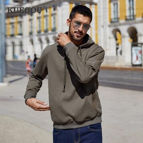 KUEGOU Cotton autumn Mens hoodie sweatshirt pullover solid color winter leisure Hip Hop sweatshirts men top plus size UEW-8937