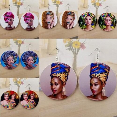 Bohemia Natural Wood Head portrait 1Pair Vintage Personality Printing Fashion African Beautys Head Women Drop Earring