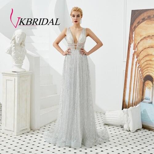Vkbridal Sparkly Prom Dresses Long Sexy Deep V-neck Crystal Formal Evening Dress Backless A-line Party Gowns 2020 New arrival