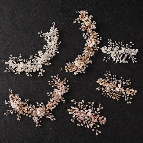SLBRIDAL Handmade Rhinestones Crystal Pearls Ceramic Flower Bridal Hair Comb Headband Women Bridesmaids Hair Jewelry Accessories