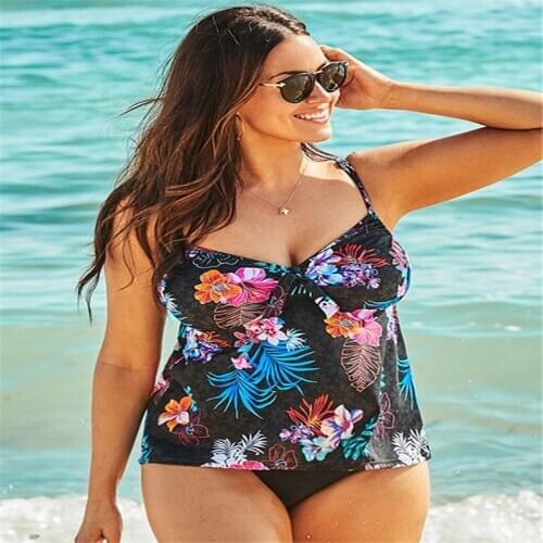 Floral Halter Tankini Plus Size Swimwear Women Push Up Swimsuits Two Piece Cover Belly Swimsuit Big Bathing Suits Swimming Suit