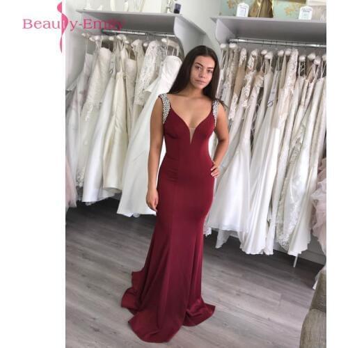 Beauty Emily Beads Burgundy Mermaid Evening Dress 2019 Long V-neck Evening Gowns for Women robe de soiree
