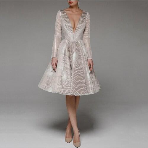 Sexy Knee Length V Neck Wedding Gown A Line 2021 Summer Sparkle Transparent Long Cap Sleeves Bridal Dresses Short Party Skirts