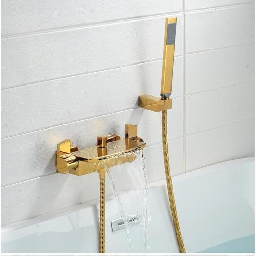 Gold Bathroom Solid Brass Bathtub faucet Set Matte Black Waterfall shower faucet Crane Square White