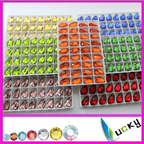 144PCS 10.5x18mm All colors Pear shape Sew on crystals stones flat back Droplet Jewelry Beads with 2 holes