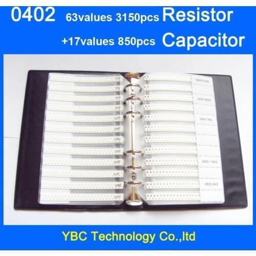 Free shipping 0402 SMD Sample Book 63values 3150pcs 1% Resistor Kit and 17values 850pcs Capacitor Set