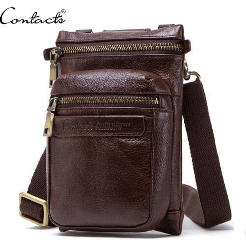 CONTACTS 2020 genuine leather men messenger bag small crossbody bags for cell phone man waist pack casual male shoulder bags
