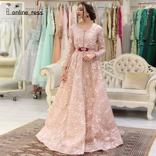 Bbonlinedress Moroccan Kaftan Evening Dresses Embroidery Appliques Long Evening Dress Full Sleeve Arabic Muslim Party Dress