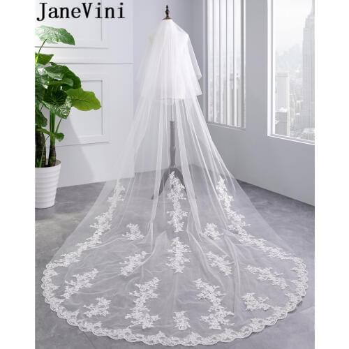 JaneVini 2 Layers Cathedral Long Wedding Veil Voile Mariage White Lace Edge Appliqued Ivory Bridal Veils with Comb Accessories