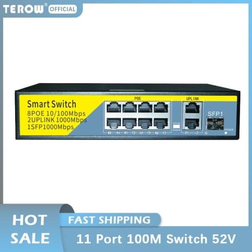 TEROW 11 Port 100Mbps Network Switch 8 10/100M POE Port +2 1000M UPLINK Port+ 1 1000M SFP Port 52V for IP/POE Camera/Wireless AP