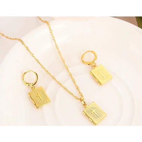 Gold photo frame cross Pendant Necklace chain Earrings sets Jewelry Gold Christian jewelry sets for women girl Best Jesus Gifts