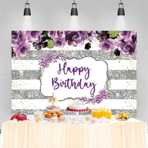 Laeacco Happy Birthday Silver Stripe Glitters Customized Banner Poster Baby Child Flower Photography Background Photo Backdrops