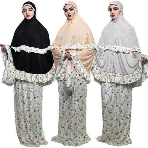 3Ps Muslim dress fashion lace Prinded Floral hijab dress abaya dubai ramadan islamic clothing loose large size prayer dress