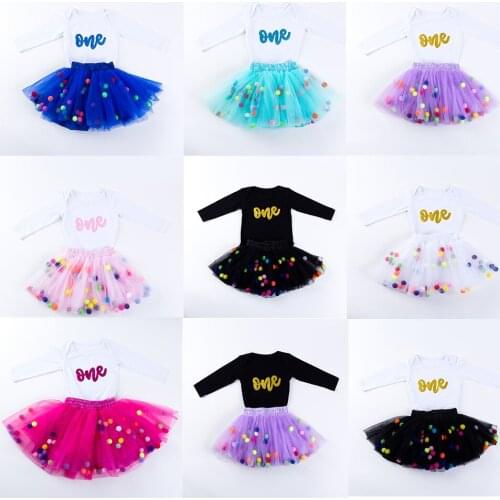 New Baby Girls T-Shirt Tutu Tulle Skirt Cloth Set Toddler Long Sleeves Print Cotton Clothing Colorful Pompom Ball Outfit Skirts