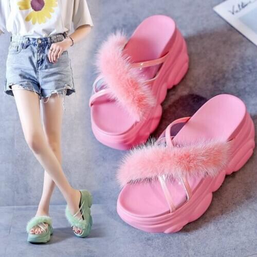2020 Summer New Fashion Slippers Women Maomao Outer Wear Thick Bottom Shallow Wedges Slides 8.5cm High Heels High Quality Solid