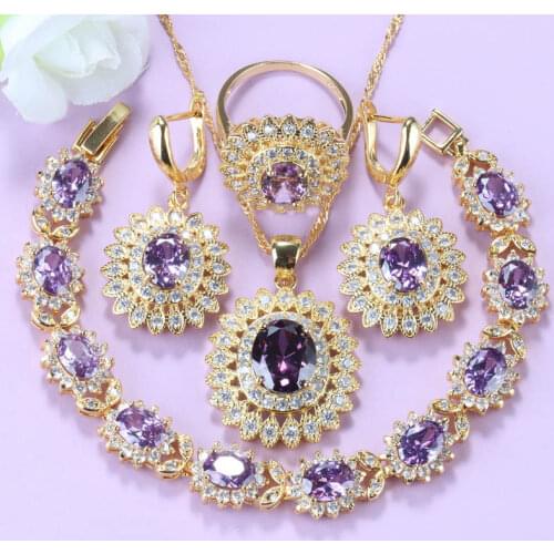 Luxury Gold-Color African Women Necklace Jewelry Sets With Natural Crystal Bracelet And Ring Wedding Flower Costume