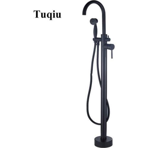 Bathroom Black High Rise Round Spout Bath Mixer Tap Floor Mounted Bathtub Filler Shower Roman Tub Faucet Set
